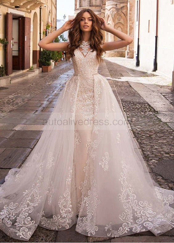 Ivory Lace Sheer Back Wedding Dress With Detachable Train Ivory Lace Sheer Back Wedding Dress With Detachable Train